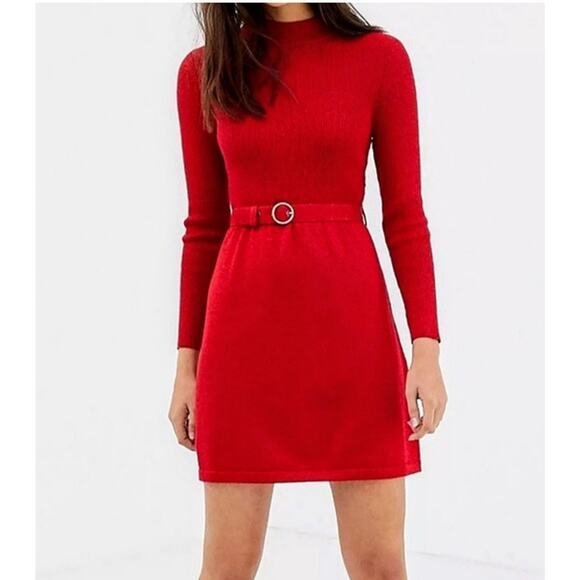 Free People Revolve French Girl Dress M Red Sparkle Knit Holiday Christmas Belt - Picture 1 of 12